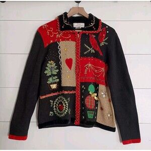 VTG Lisa International Christmas Zip Up Sweater LG P Birds Embellished Grandma
